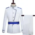 Men's white royal blue court performance suit stage costume set with silver lace trim. - M / Top And Bottom / Belt Set