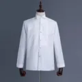 Men's white tuxedo dress shirt with pleated front, formal long sleeve for evening party. - M / Tops / White