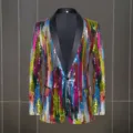 Colorful sequin blazer for men, stylish stage performance suit jacket with black shawl lapel. - M / Tops / Multicolor Camouflage