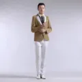 Stylish men's glitter gold stage suit blazer slim performance jacket with trousers - M / Tops / Yellow