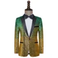 Men's Green Gold Gradient Sequin Suit Jacket Party Stage Blazer Slim Fit Tuxedo Top - XL (Recommended 70-80kg) / Tops / Green And Gold Gradient Sequins