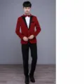Men's slim fit red sequin tuxedo suit jacket with black lapel and matching bow tie for events. - M / Top And Bottom / Red
