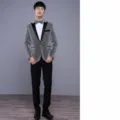 Men shiny silver tuxedo suit set with black lapel and bow tie for wedding party stage show - M / Top And Bottom / Gray