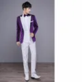 Men's Purple Glitter Tuxedo Suit Set Two Piece Groom Wedding Stage Performance Outfit - M / Top And Bottom / Purple