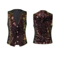 Men's vintage floral sequin suit vest elegant single-breasted waistcoat for party - M / Tops / Black & Gold