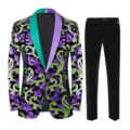 Men sequin suit set velvet blazer and trousers stage performance party prom tuxedo outfit. - 4XL / Top And Bottom / Purple Green Contrast