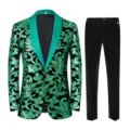 Men's green sequin velvet suit blazer and trousers set shawl lapel stage tuxedo performance - 4XL / Top And Bottom / Green