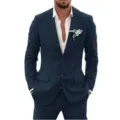 Men's casual slim fit dark blue two piece suit set for business party and daily wear. - Navy Blue