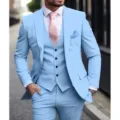 Men light blue three piece suit slim fit business wedding tuxedo jacket vest pants - Light Blue