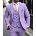Men slim fit light purple three piece suit business wedding groom party blazer vest pants - XS / Set / Purple