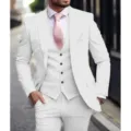 Men's elegant three-piece slim fit white suit with vest and jacket for business formal events - XS / Set / White