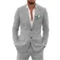 Detail view of men casual slim fit grey suit jacket and pants set with white shirt ornament - Light Gray