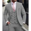 Men's 3-piece slim fit business suit set with jacket vest and trousers for formal events. - XS / Set / Gray