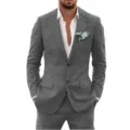 Detailed view of men grey slim fit suit jacket and trousers, elegant formal wear style. - Dark Gray