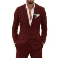 Men slim fit burgundy suit two piece set casual business wedding jacket and pants - Burgundy