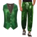Green sequin vest and pants set for men, dazzling stage performance party costume outfit. - M / Top And Bottom / Green