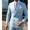 Men's light blue double breasted suit two piece set business casual formal blazer jacket. - Light Blue