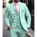 Close-up detail of the mint green men three piece suit, slim fit style for formal events. - Mint Green