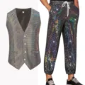 Men's colorful sequin vest and drawstring pants set for stage performance party wear. - M / Top And Bottom / Silver Gray