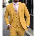 Detail shot of the stylish yellow three-piece suit for men, perfect for business banquets. - Yellow