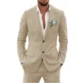Men's casual khaki linen suit two-piece set, slim fit blazer and trousers for daily business. - Khaki
