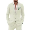 Detail view of men's slim fit casual two-piece suit in beige, showing buttons and lapel. - XS / Top And Bottom / Light Champagne