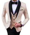 Herren Kontrastfarbe 3-Teiligen Anzug Slim Fit Business Blazer Weste mit Fliege Set - Beige