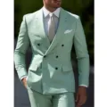 Men's mint green double breasted suit jacket and trousers set for business and formal events. - Mint Green
