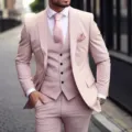 Men's stylish slim fit three piece suit in light pink with vest and trousers for formal events. - XS / Set / Pink