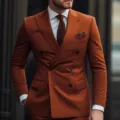 Men's double-breasted rust brown suit two-piece set, business casual British suit. - M / Top And Bottom / Caramel color