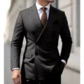 Men black double breasted suit two piece business casual British style suit jacket vest. - M / Top And Bottom / Black