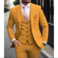 Men Slim Fit Mustard Yellow Three Piece Suit Set for Business Party Formal Wedding Wear - Orange