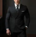 Men's black double-breasted suit two-piece set, stylish business formal wear for men. - M / Top And Bottom / Black Type B