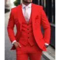 Men's slim fit red 3 piece suit wedding business prom tuxedo blazer vest pants set - Red