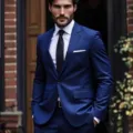 Men's two-piece business suit slim fit formal blazer and trousers set for wedding party - Sapphire Blue