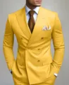 Men's Yellow Double Breasted Suit Set Slim Fit Casual Business Wedding Tuxedo Blazer Pants - Yellow