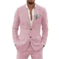 Men's pink two-piece casual slim suit jacket and trousers set for daily wear and banquets. - Pink