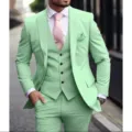 Mint green 3-piece men's suit slim fit wedding party business blazer vest trousers - Light Green