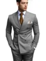 Mens grey double breasted suit two piece set business wedding groom party formal attire. - Gray