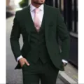 Mens 3 piece suit slim fit dark green business wedding formal wear jacket vest pants - Olive Green