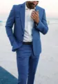 Men's Blue Suit Two-Piece Set Casual Business Suit Beach Wedding Groom Tuxedo Outfit. - Blue