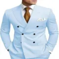 Mens double breasted light blue suit set business casual wedding prom blazer jacket trousers - Sky Blue