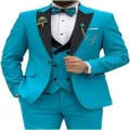 Men turquoise 3 piece suit slim fit business wedding party formal blazer vest pants - XS / Set / Lake Blue