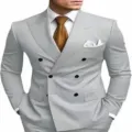 Men grey double breasted suit two piece business casual blazer wedding party prom outfit - Light Gray
