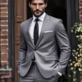 Mens grey suit two piece business wedding formal wear stylish elegant blazer jacket - Dark Gray