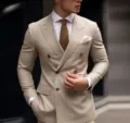 Men's double-breasted khaki suit set, elegant business casual blazer for formal events. - Off White