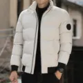 Herren Winter Freistehkragen gefütterte Jacke dick warm einfarbig kurze Mode Oberbekleidung - M / Oberteile / Off-White