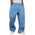 Detailed view of casual fleece-lined straight wide-leg sweatpants in light blue with drawstring. - Light Blue