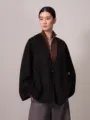 Black Double-Faced Cashmere Short Coat with Brown Zip Turtleneck and Grey Trousers Variant - S / Tops / Black
