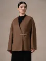 Brown wool blend short wrap coat with V-neck and buckle belt for women winter autumn style - S / Tops / Green Camel
